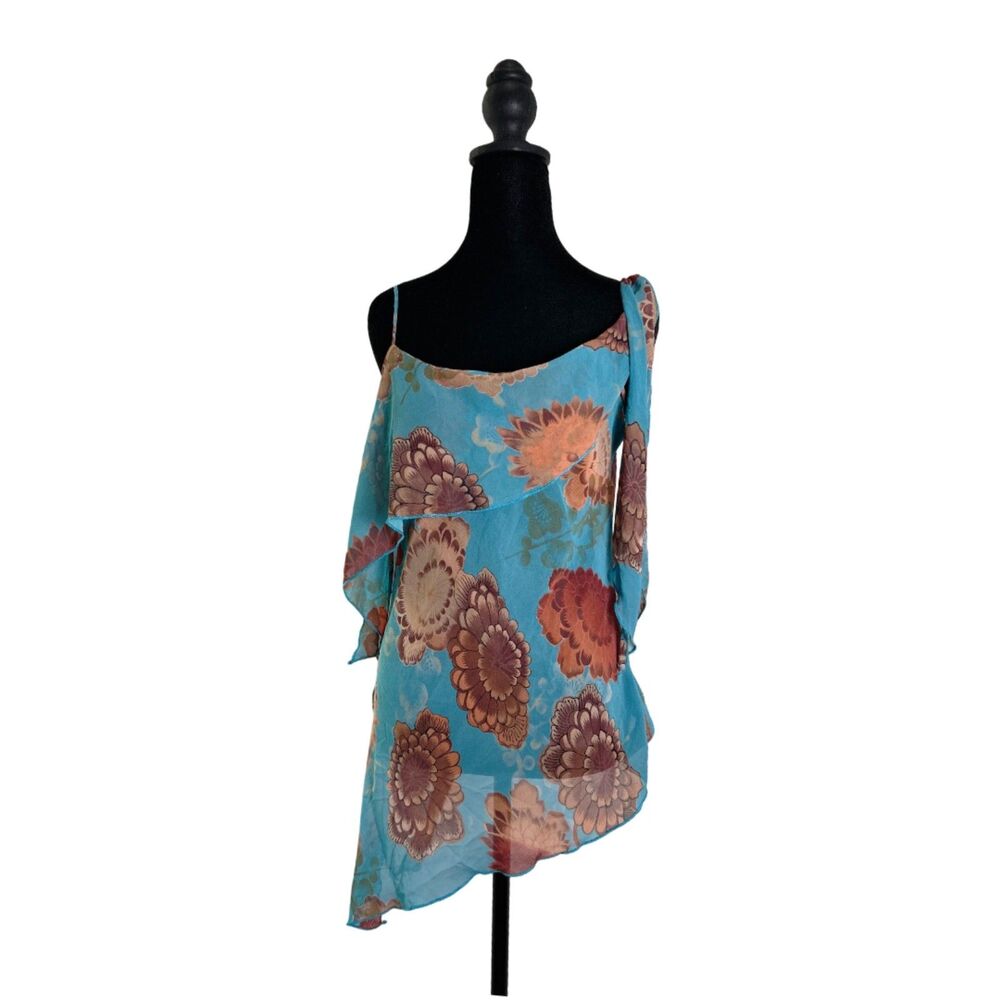 Vintage Y2K Sheer Floral Asymmetric Top Joyce Leslie Turquoise Medium
